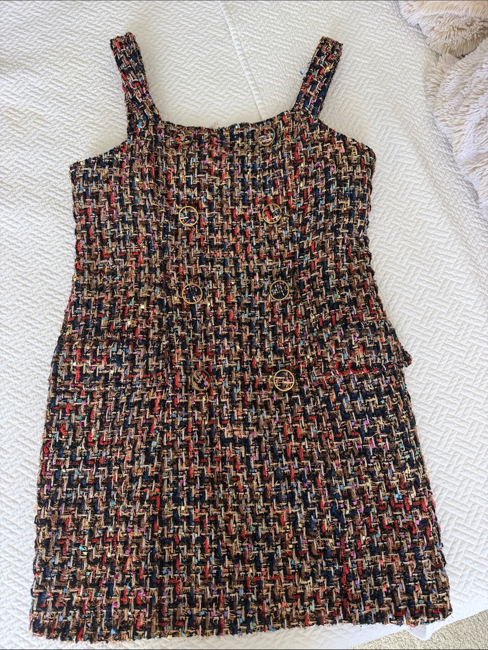 J.O.A. Multicolor Tweed Mini Dress with Gold Buttons